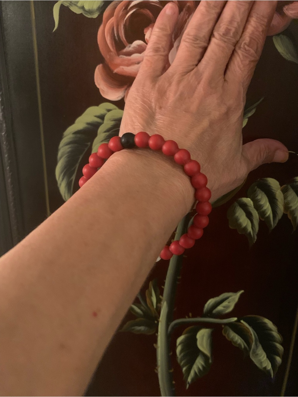 Red Beaded Stretch Bracelet with Black Accent - Women Jewelry